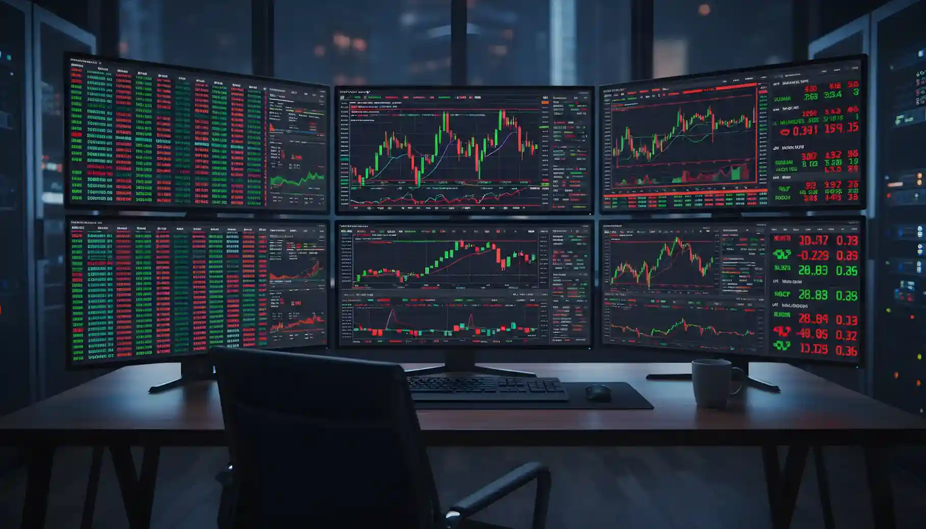 Múltiples pantallas mostrando datos de mercados en tiempo real