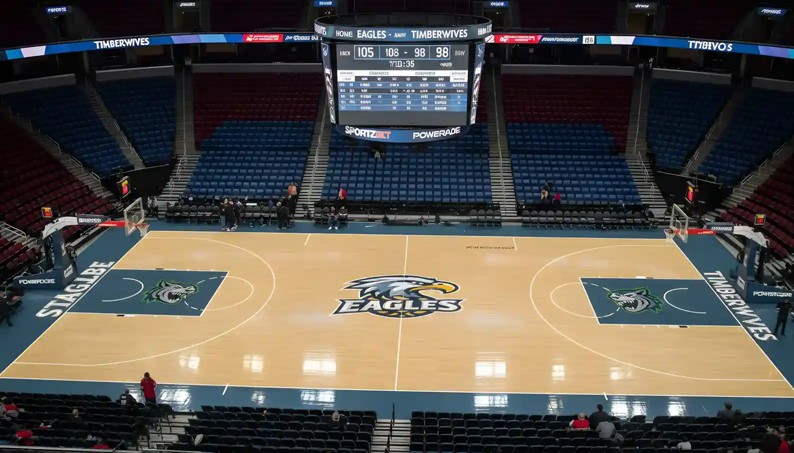 Cancha de NBA con marcador electrónico visible