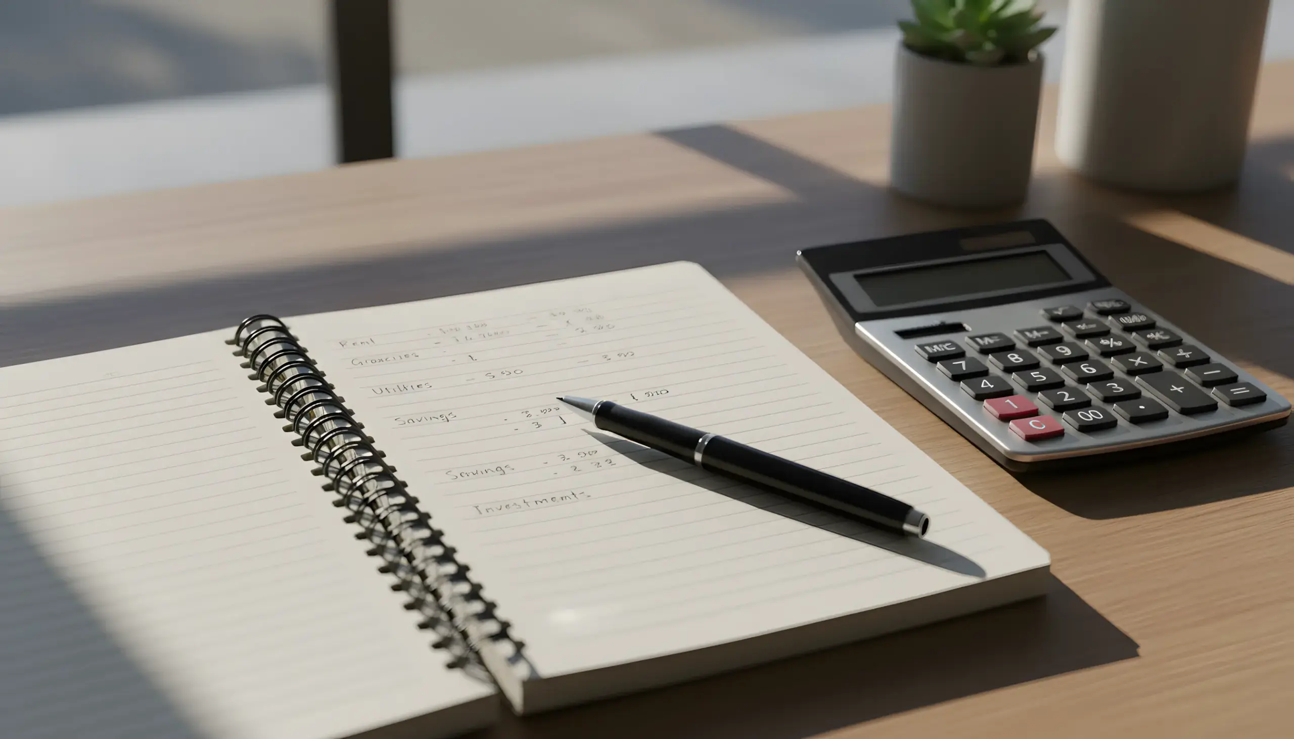 Escritorio organizado con libreta de gestión financiera y calculadora