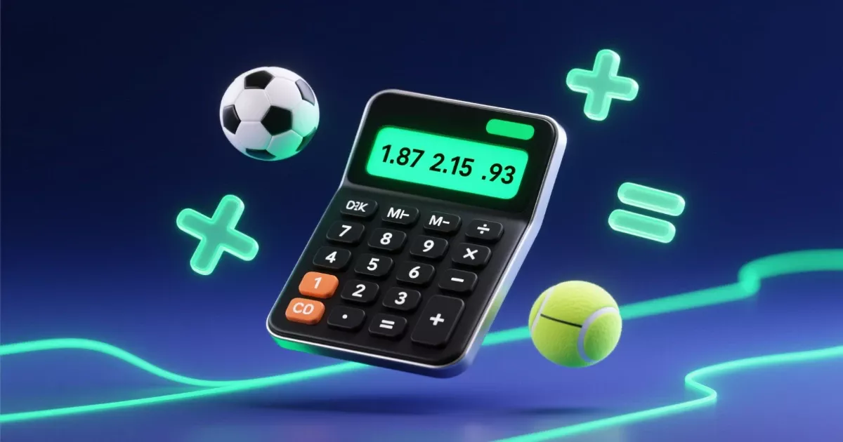 Calculadora digital de apuestas sistema mostrando cuotas decimales con iconos deportivos flotantes