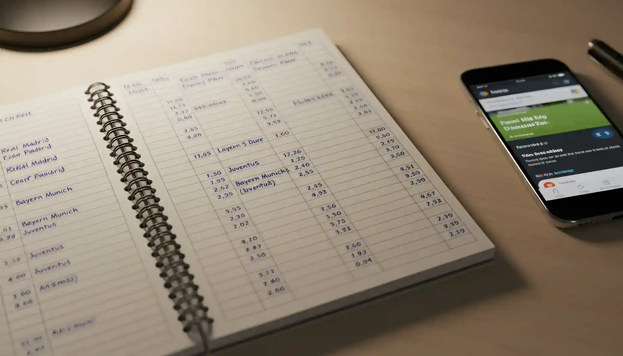Cuaderno abierto con análisis de partidos de fútbol europeo
