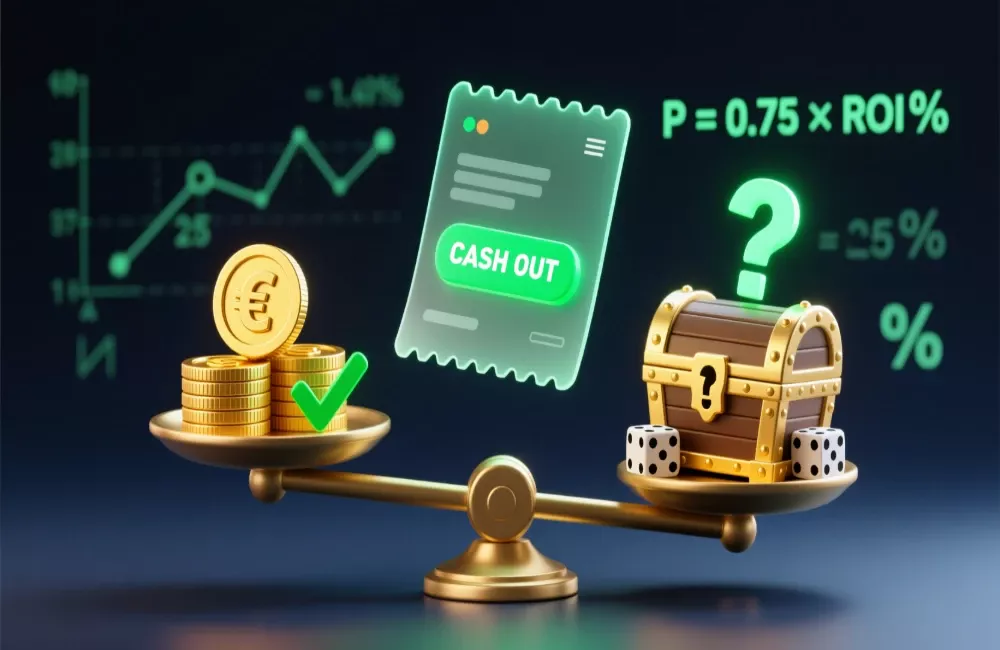 Ilustración conceptual de la decisión de cash out mostrando una balanza entre beneficio garantizado y pago potencial completo