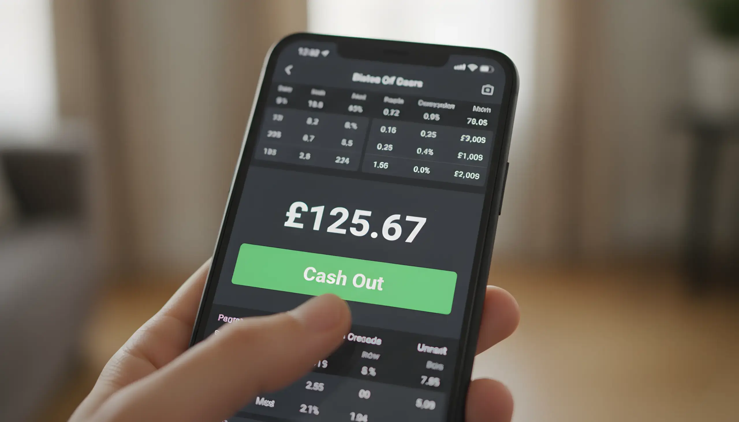 Pantalla de móvil mostrando opción de cash out en aplicación de apuestas