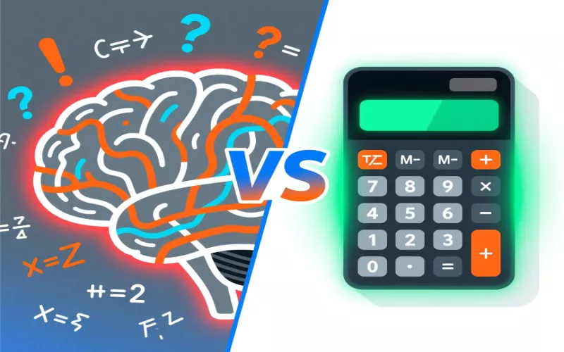 Ilustración comparativa entre cerebro humano con números caóticos y calculadora con cálculos ordenados
