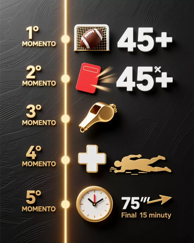 Infografía vertical de los cinco momentos de oro para entrar en apuestas en vivo: gol, expulsión, inicio segundo tiempo, lesión y últimos 15 minutos
