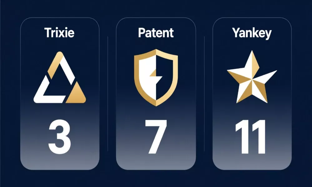 Infografía comparativa mostrando la estructura de apuestas Trixie, Patent y Yankee con número de selecciones y combinaciones