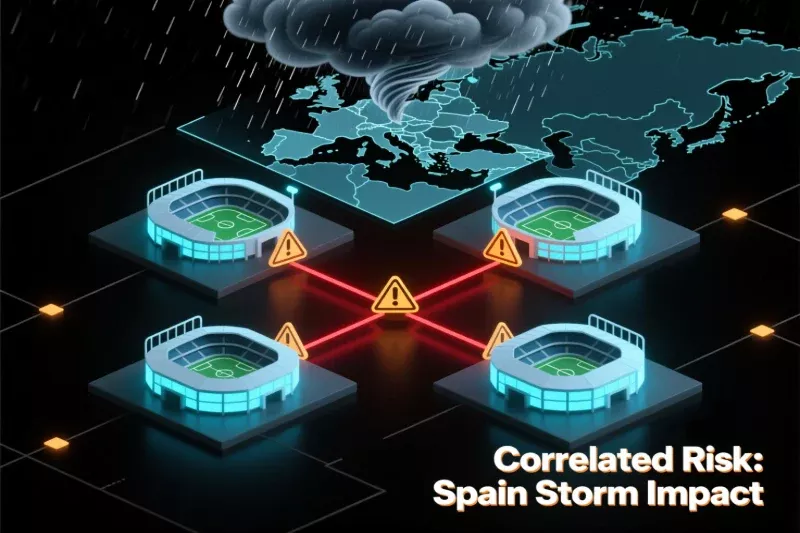 Cuatro estadios de fútbol conectados por líneas rojas mostrando correlación oculta entre selecciones con nubes de tormenta afectando todos simultáneamente