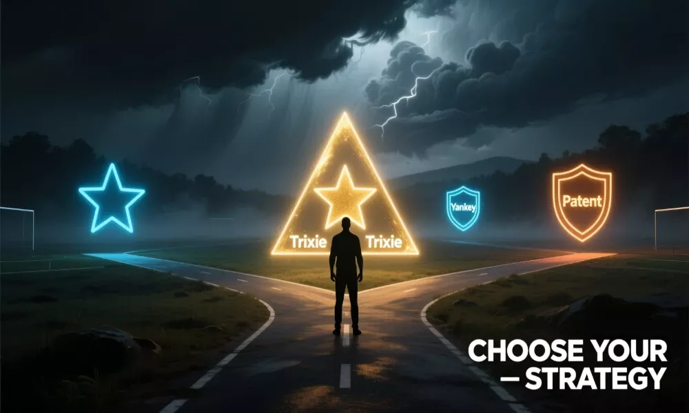 Ilustración conceptual de toma de decisiones mostrando tres caminos con el sistema Trixie destacado como la elección recomendada