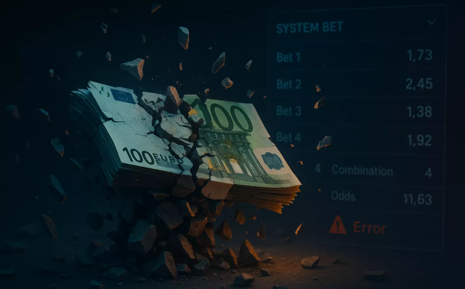 Billetes de euro desmoronándose con interfaz de apuestas sistema mostrando errores de cálculo - representación visual de la destrucción del bankroll