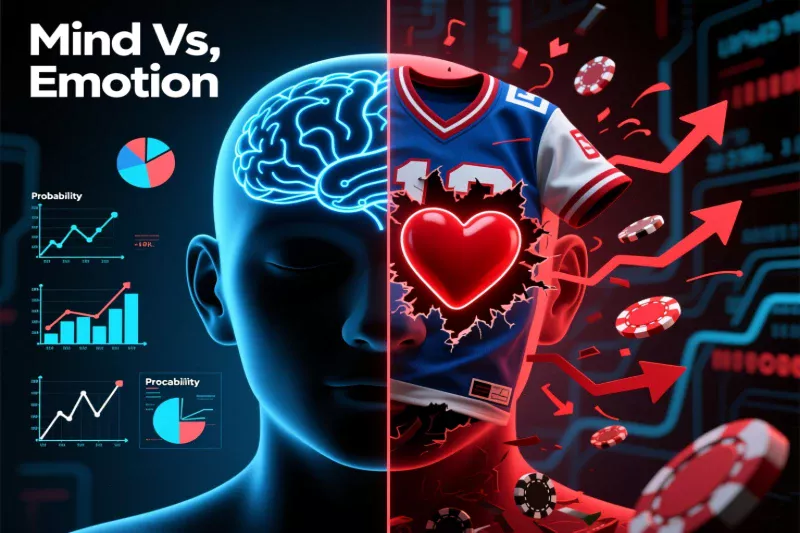 Silueta de cabeza humana dividida en dos mitades - lado lógico con gráficos y cálculos en azul versus lado emocional con corazón y flechas de recuperación desesperada en rojo