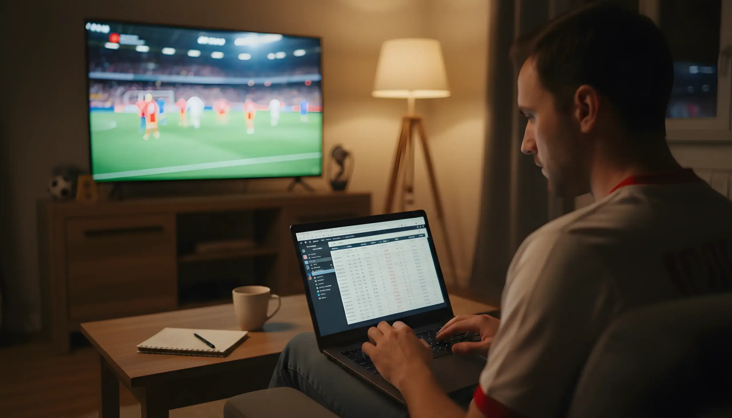 Aficionado analizando estadísticas de fútbol en portátil