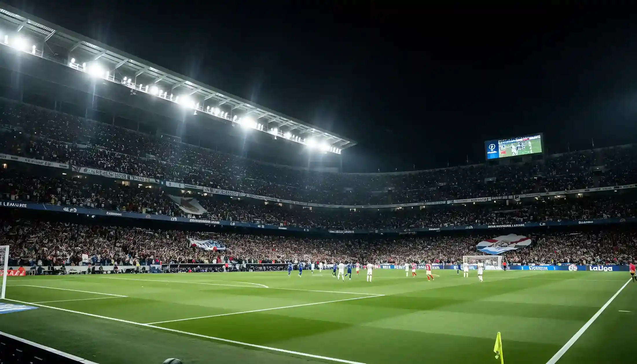 Estadio de fútbol lleno de espectadores durante un partido nocturno