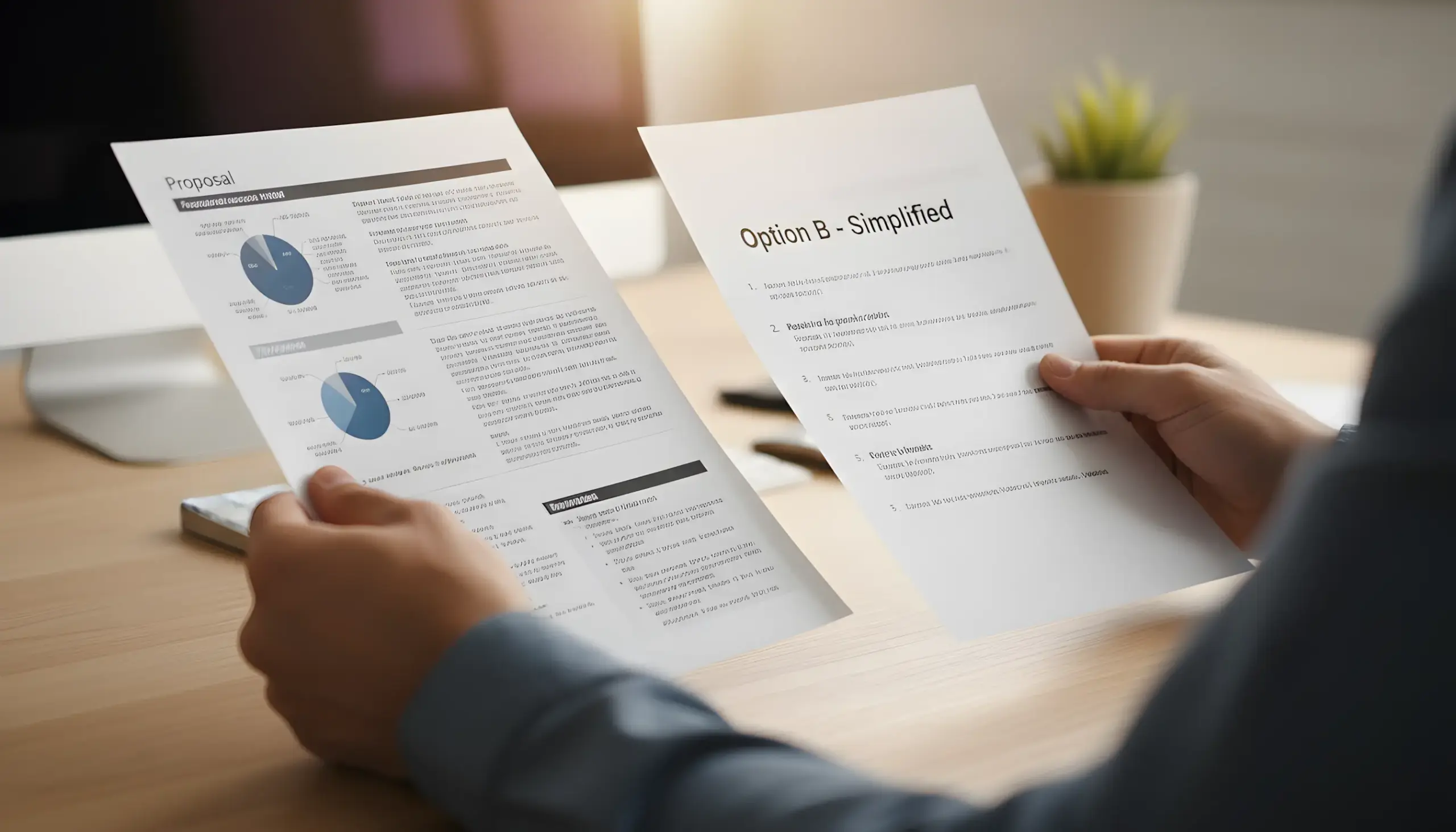 Persona comparando diferentes opciones en documentos sobre una mesa