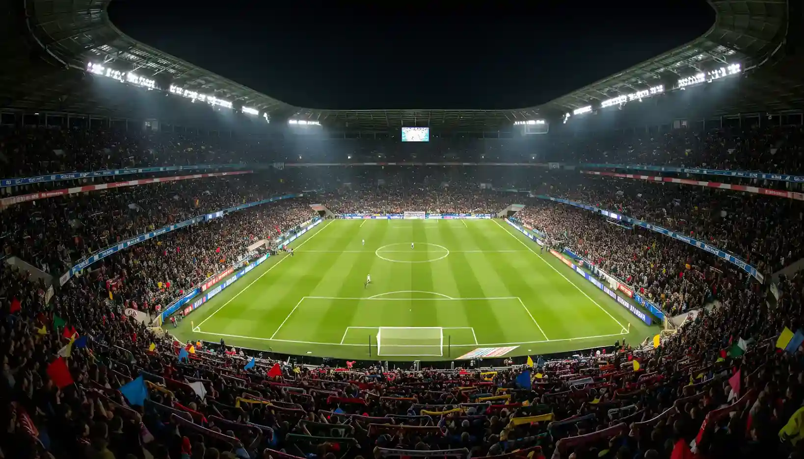 Vista panorámica de un gran estadio de fútbol lleno de espectadores