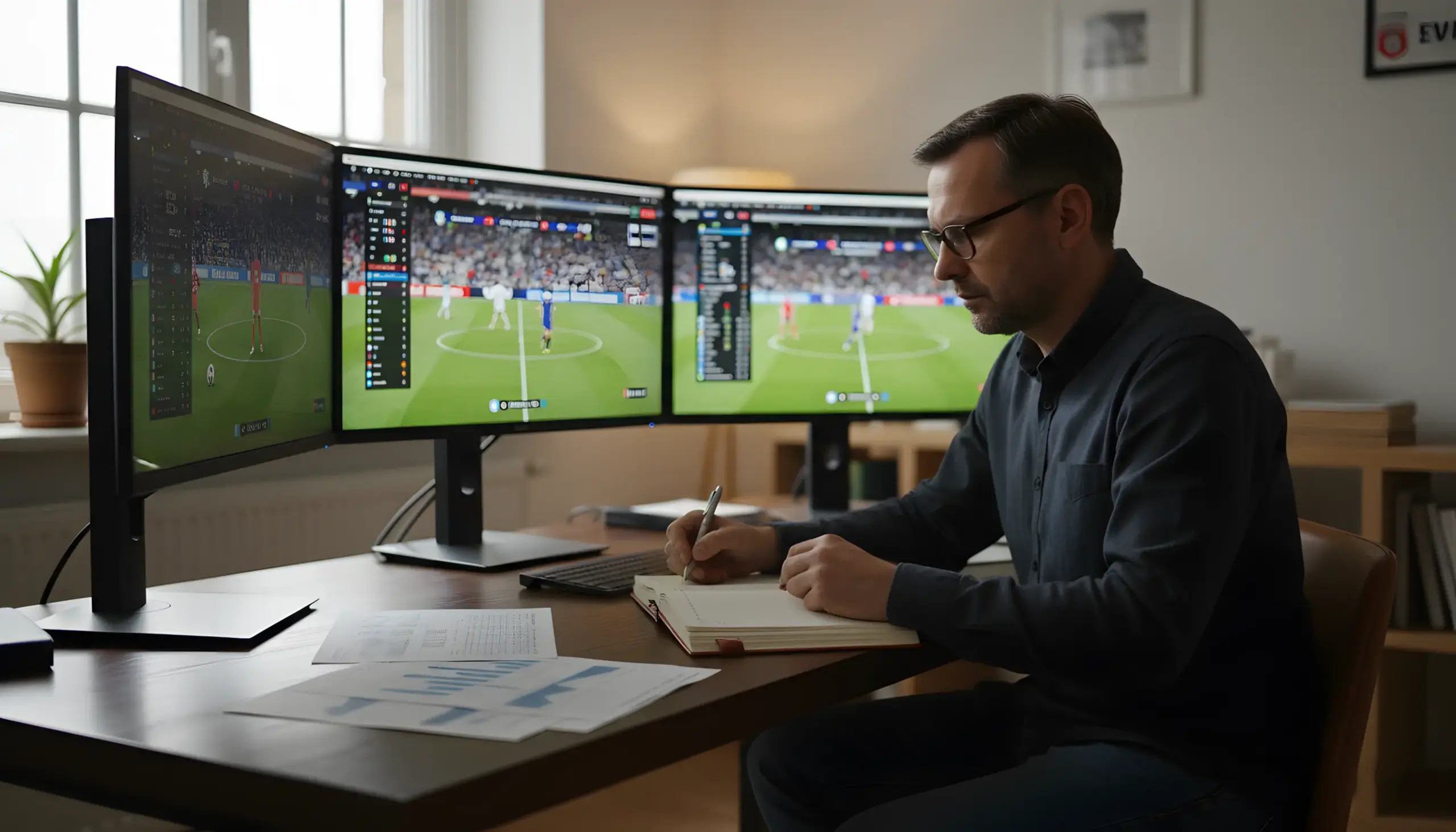 Apostador experimentado analizando múltiples partidos de fútbol europeo