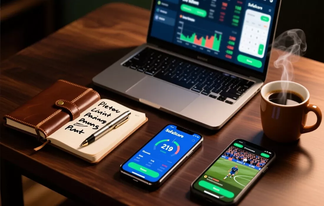 Composición de herramientas esenciales para apuestas en vivo: smartphone con estadísticas, portátil con cuotas, bloc de notas y café