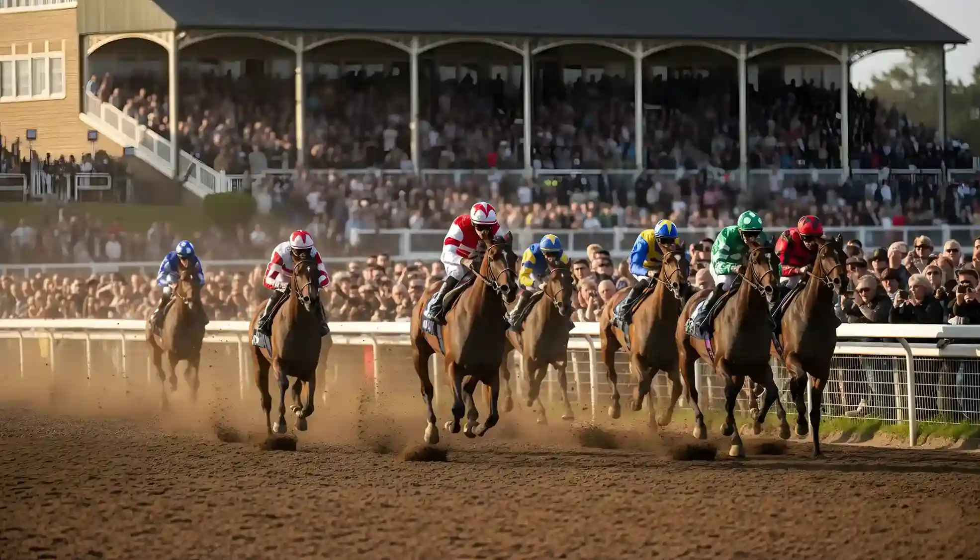Caballos de carreras compitiendo en un hipódromo británico