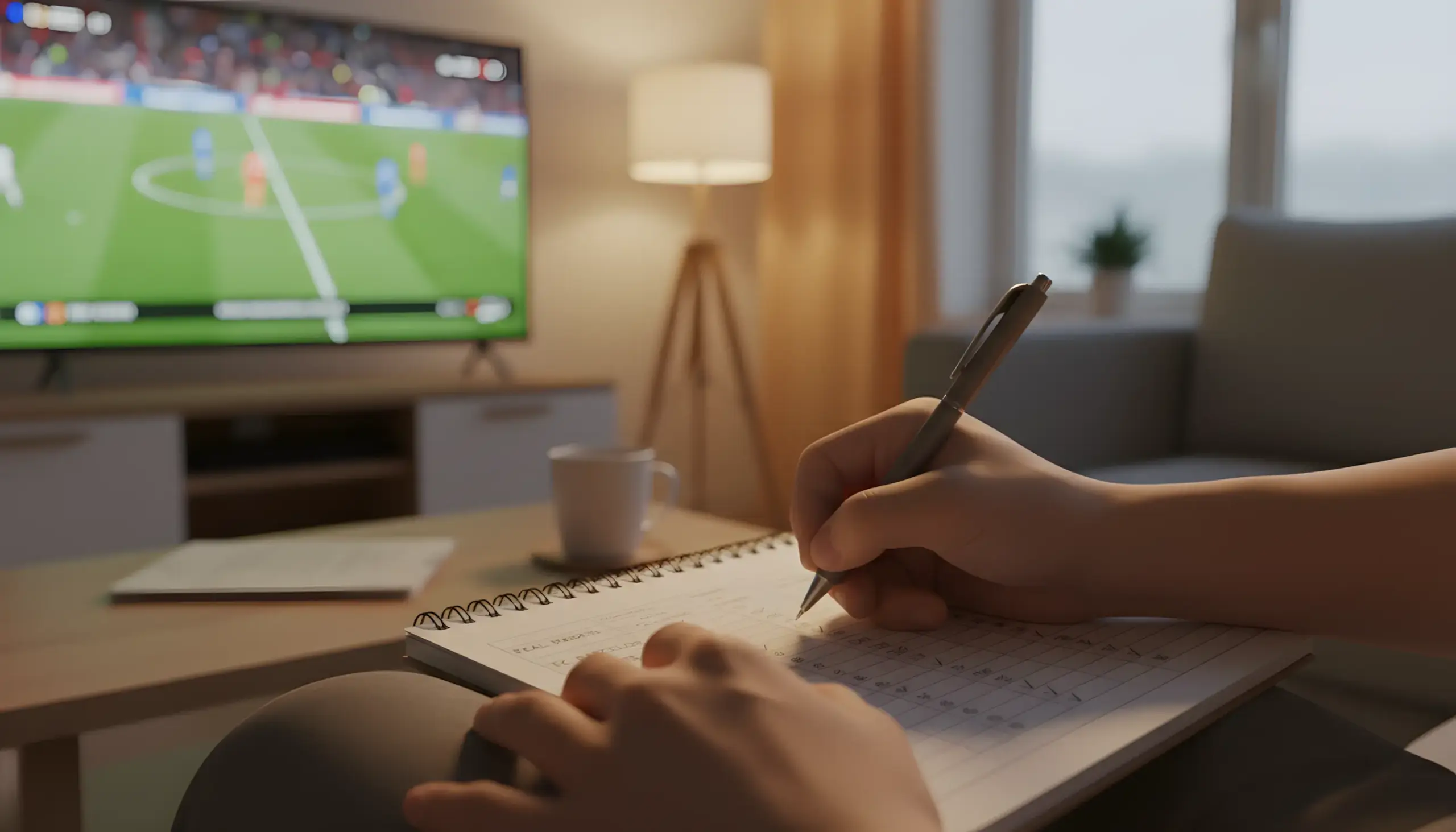 Persona tomando notas mientras ve un partido en televisión