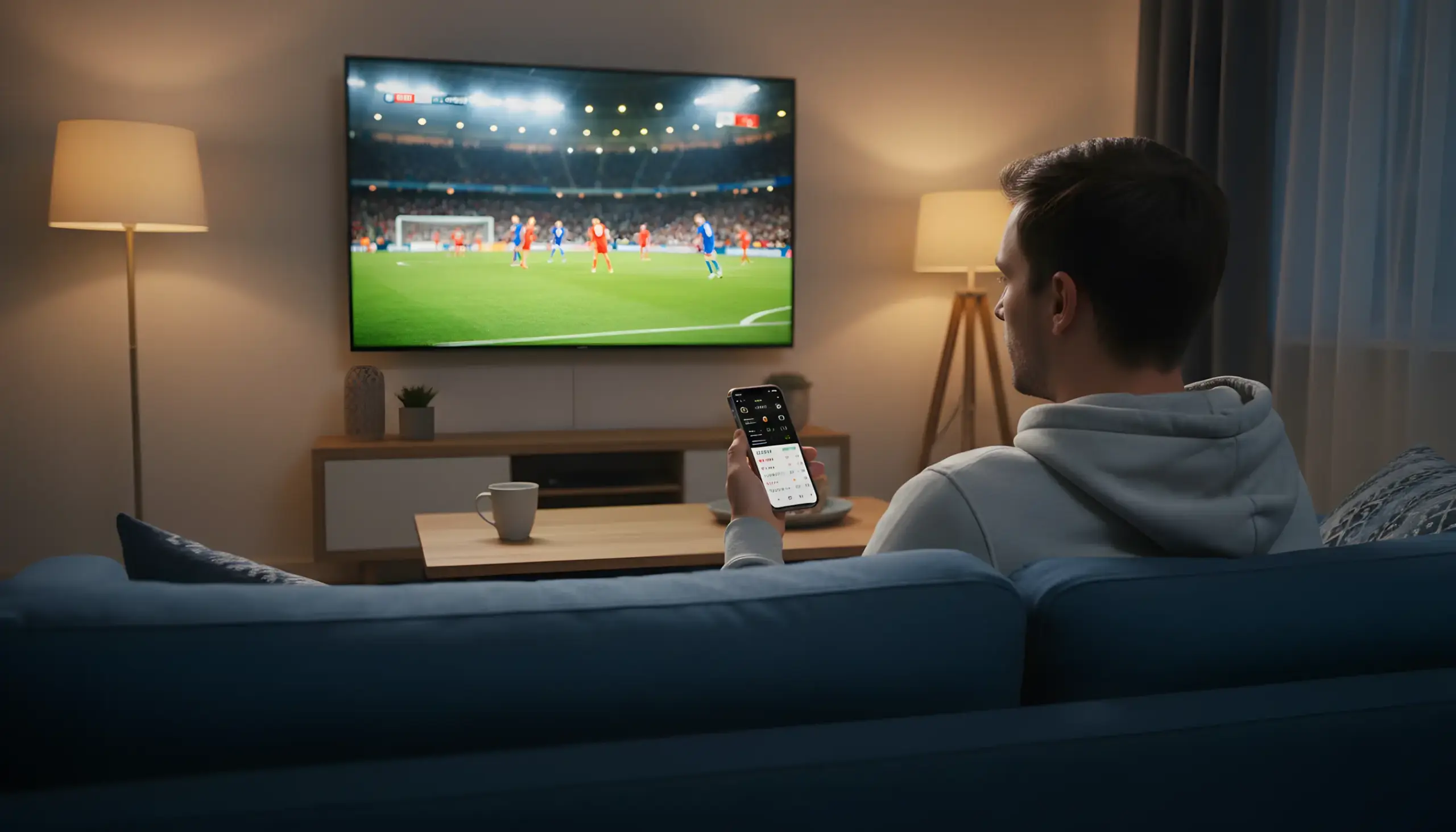 Aficionado viendo partido de fútbol en directo mientras consulta su móvil