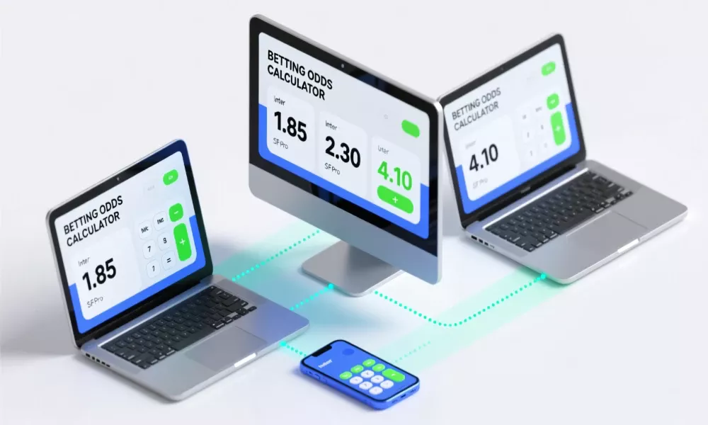 Ilustración isométrica de calculadoras de apuestas en múltiples dispositivos: ordenador, portátil, tablet y móvil