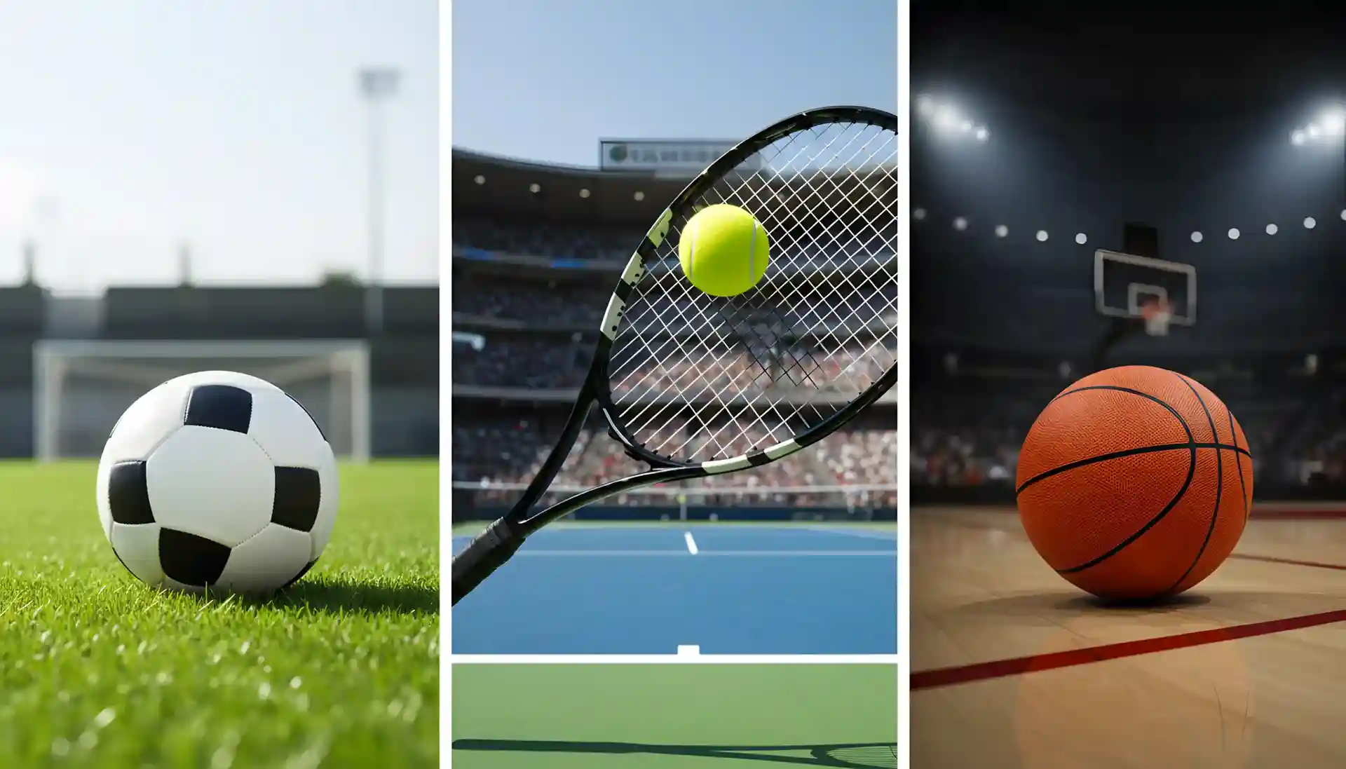 Collage visual de fútbol, tenis y baloncesto