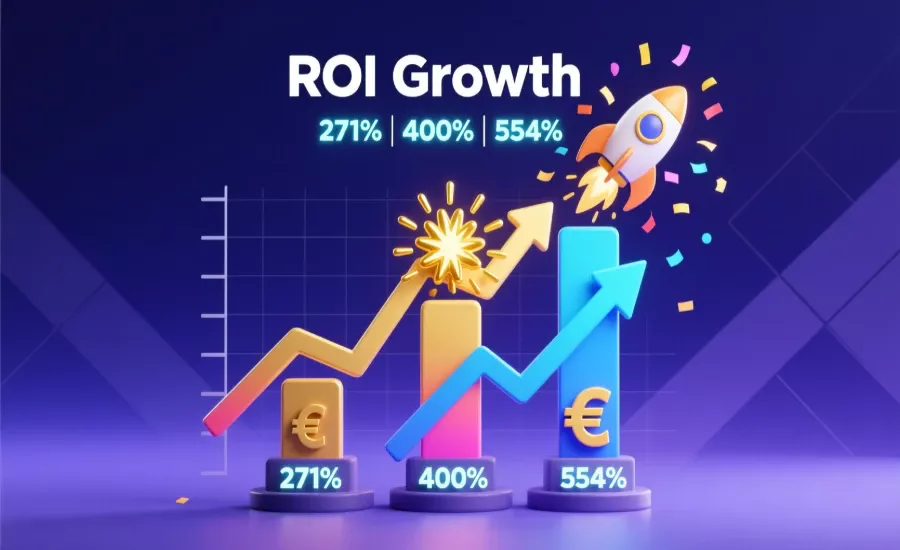Ilustración de crecimiento de beneficios con gráficos ascendentes mostrando el ROI de 271%, 400% y 554% para cada sistema