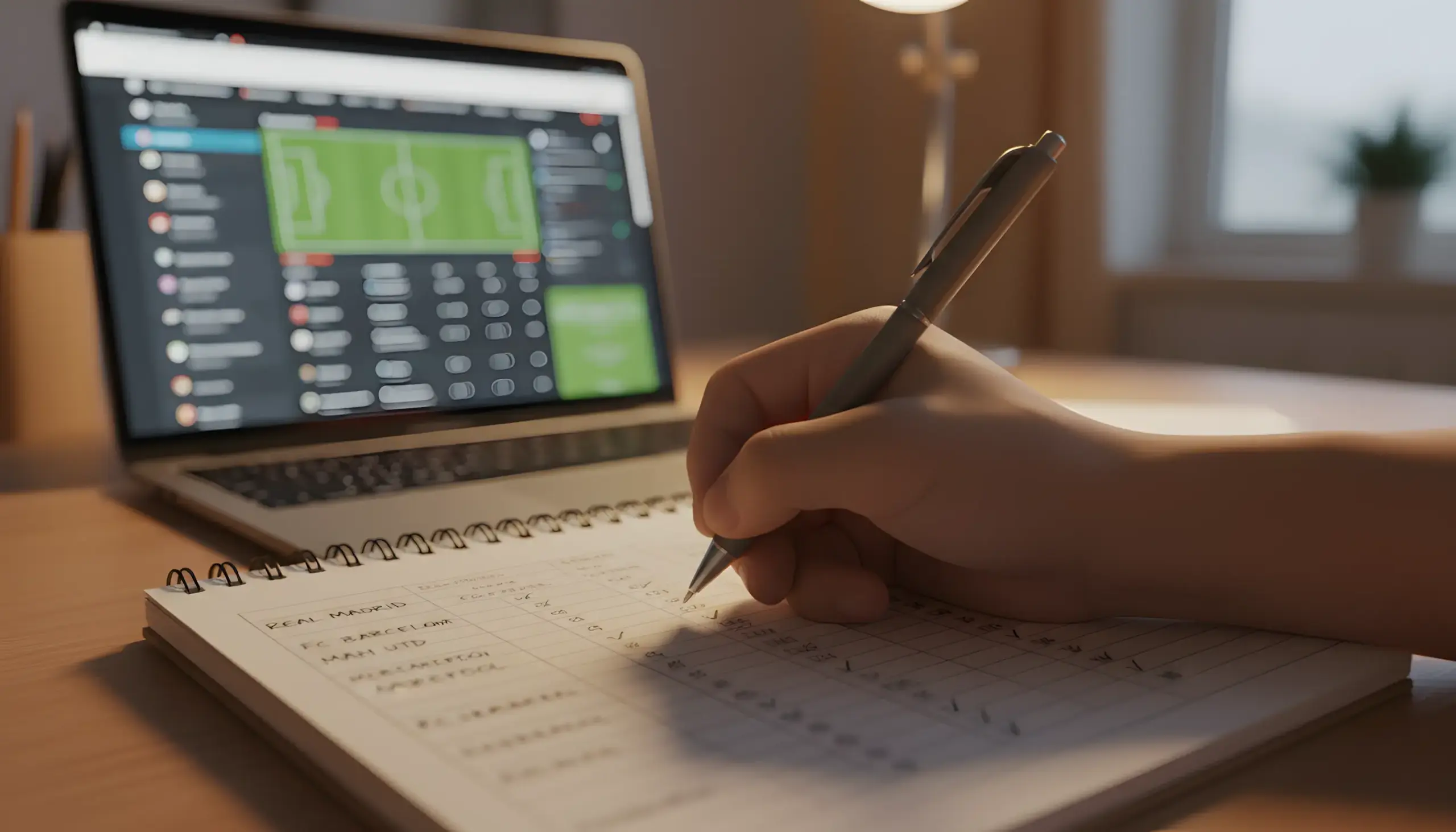 Persona tomando notas mientras analiza partidos de fútbol