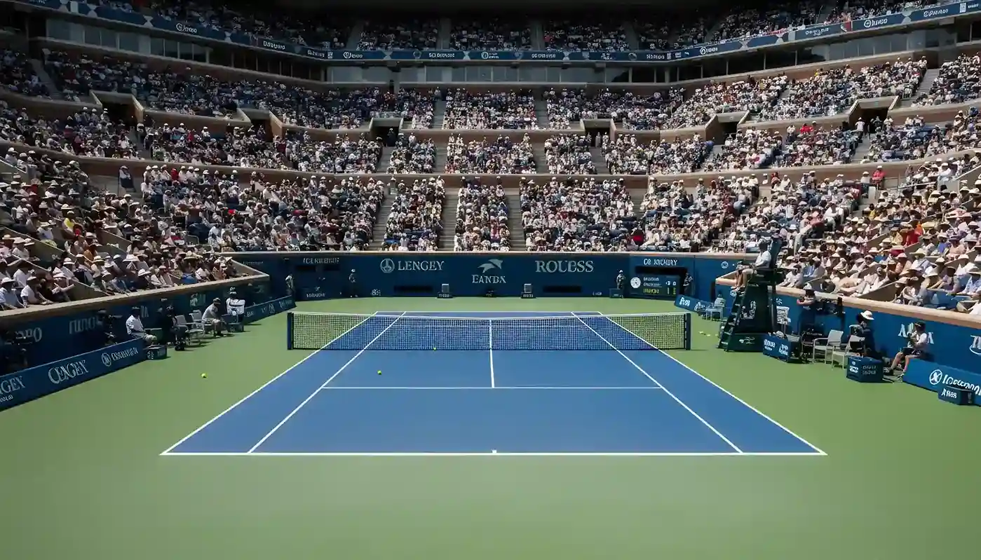 Pista de tenis profesional durante un partido de Grand Slam