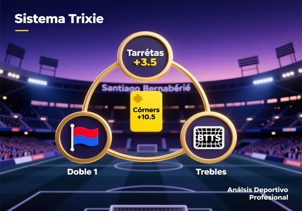 Infografía del sistema Trixie mostrando tres selecciones interconectadas: tarjetas, córners y BTTS en el derbi de Madrid