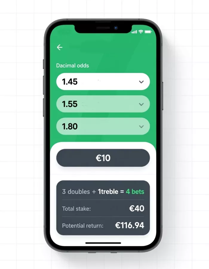 Interfaz de calculadora Trixie mostrando cuotas 1.45, 1.55 y 1.80 con desglose de retornos