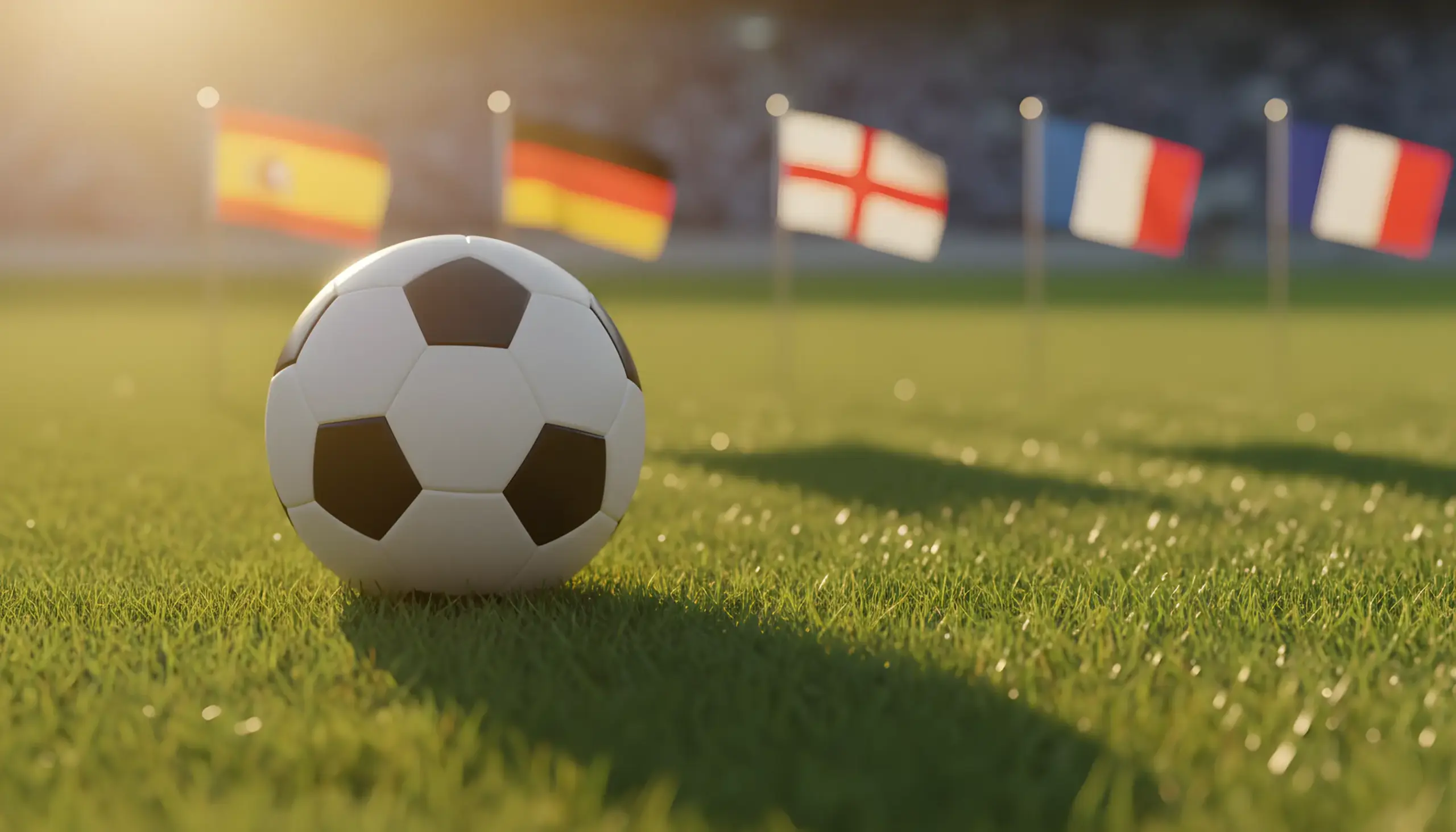 Balón de fútbol sobre césped con banderas europeas de fondo
