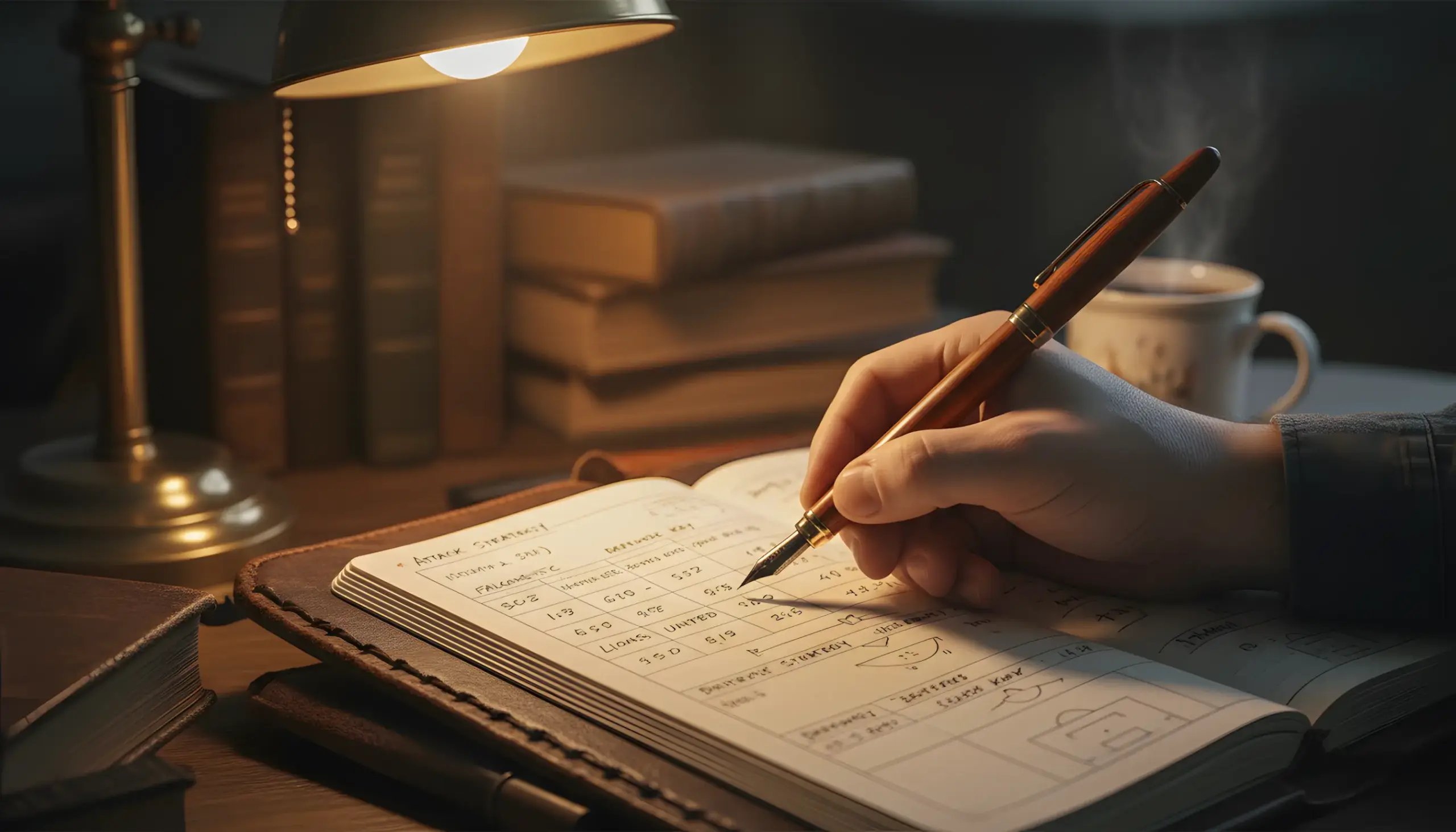 Mano escribiendo análisis de partidos en un cuaderno