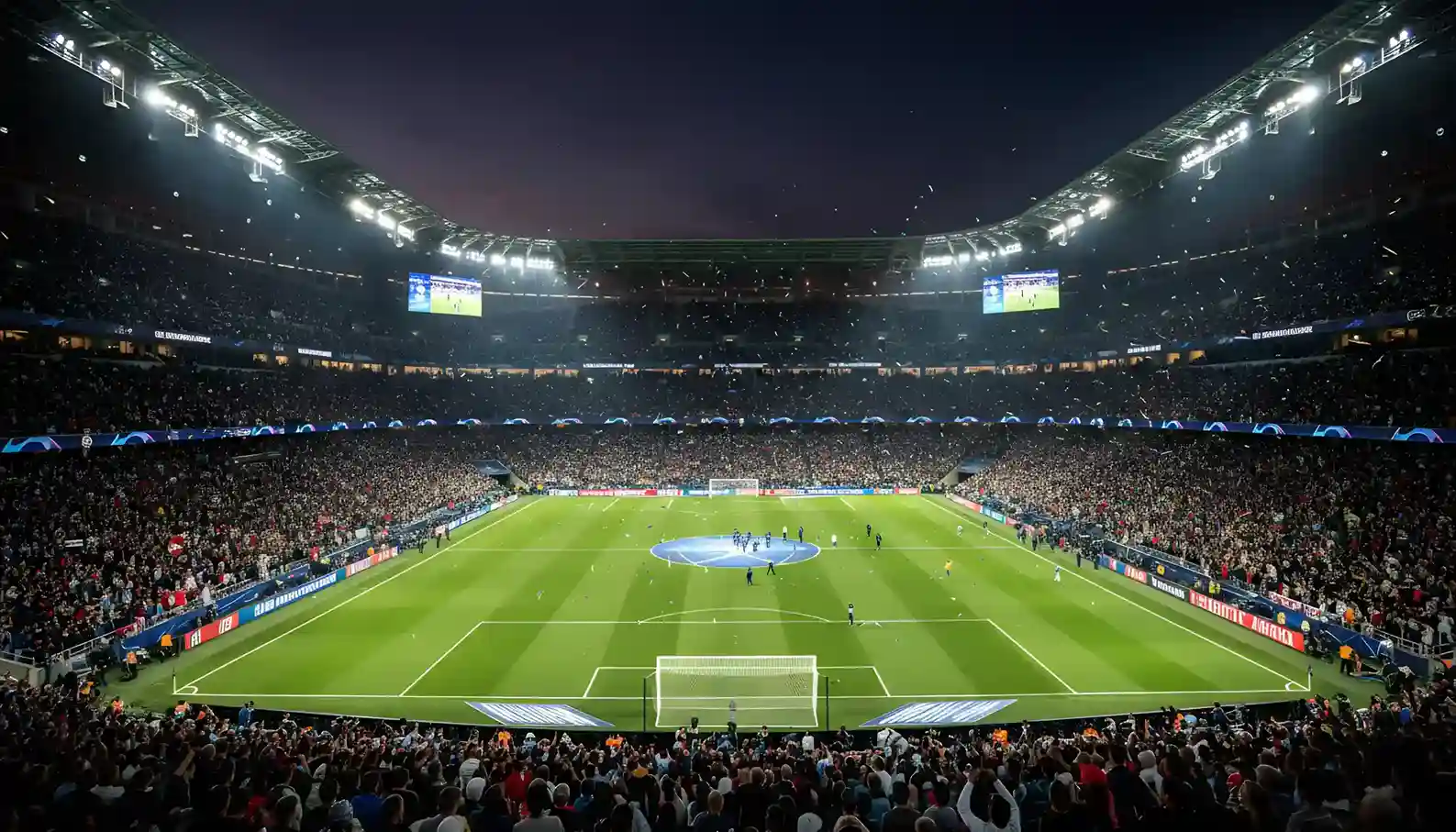 Vista nocturna de un estadio de fútbol iluminado durante un partido